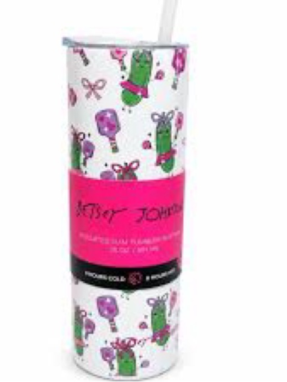 Betsey Johnson Pink & Green pickle ball  20 ounce tumbler